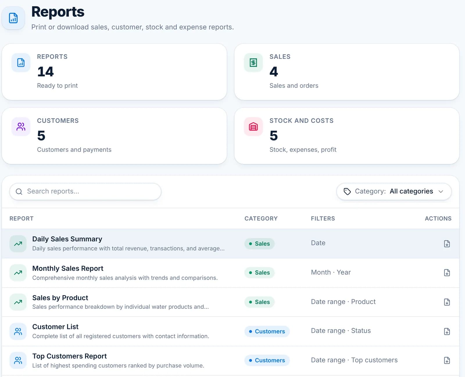 The Reports page listing sales, customer and stock reports.