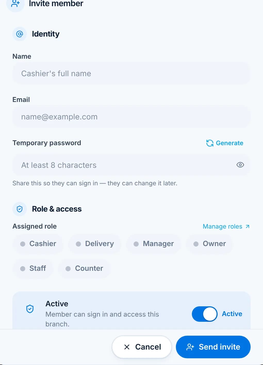 The Invite member dialog with name, email, a Generate temporary password link, role chips and an Active switch.