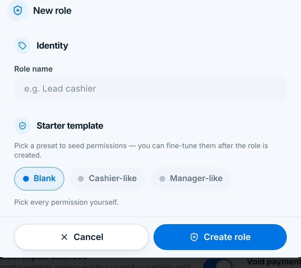 The New role dialog with a role name field and Blank, Cashier-like and Manager-like starter templates.