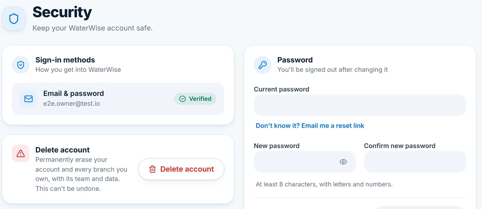 The Security page with sign-in methods, a password change form and a Delete account button.